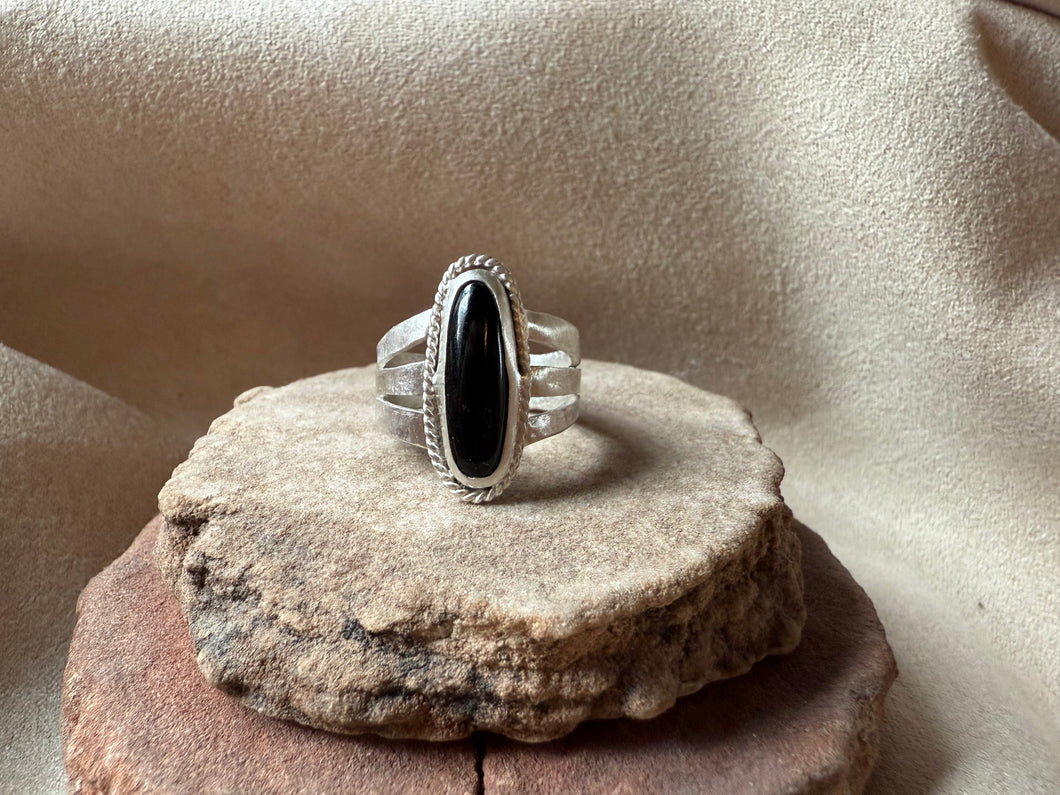 Black Agate Triple Split Band Ring Size 8